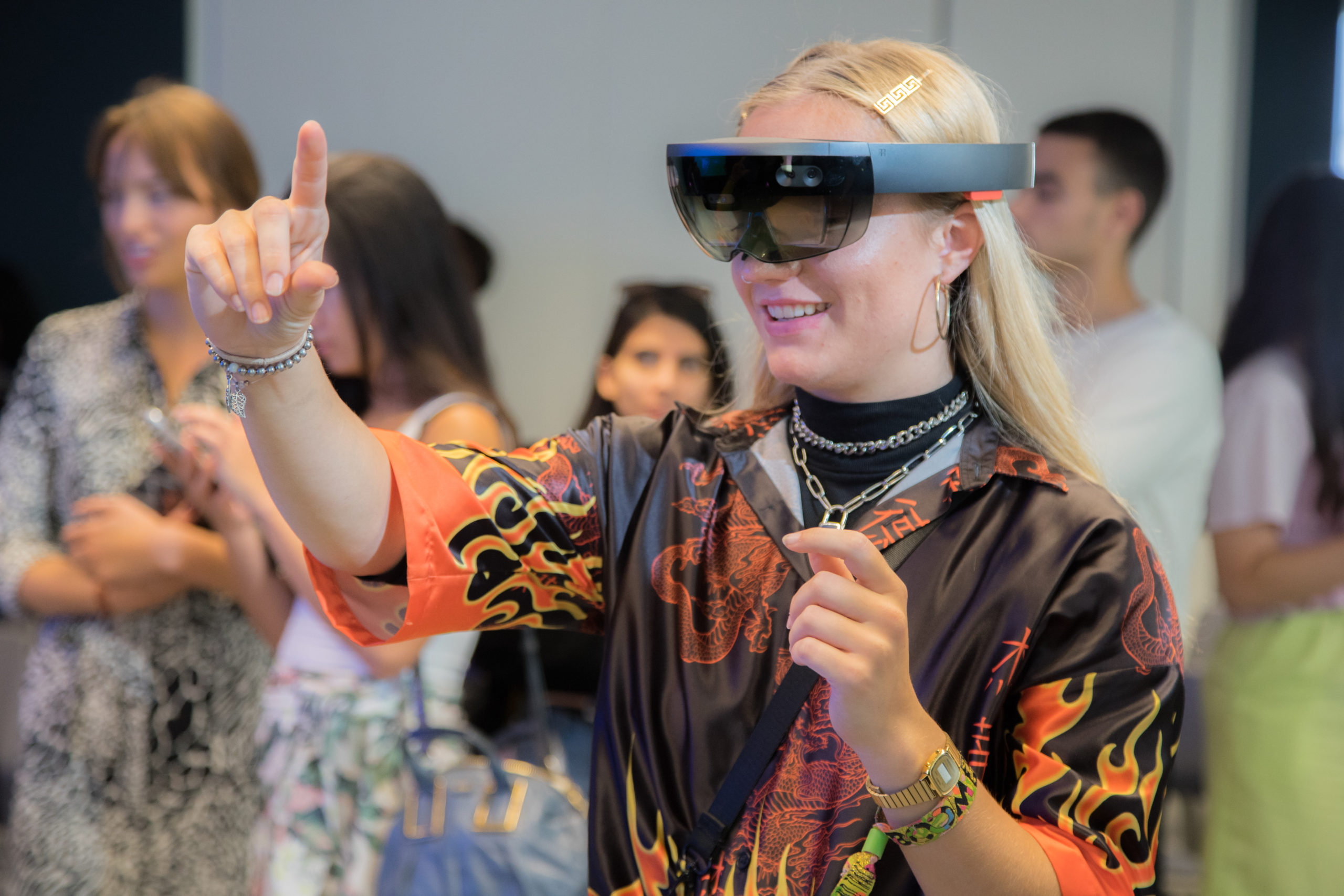 girl with mixed reality headset, microsoft workshop, fashion innovation agency