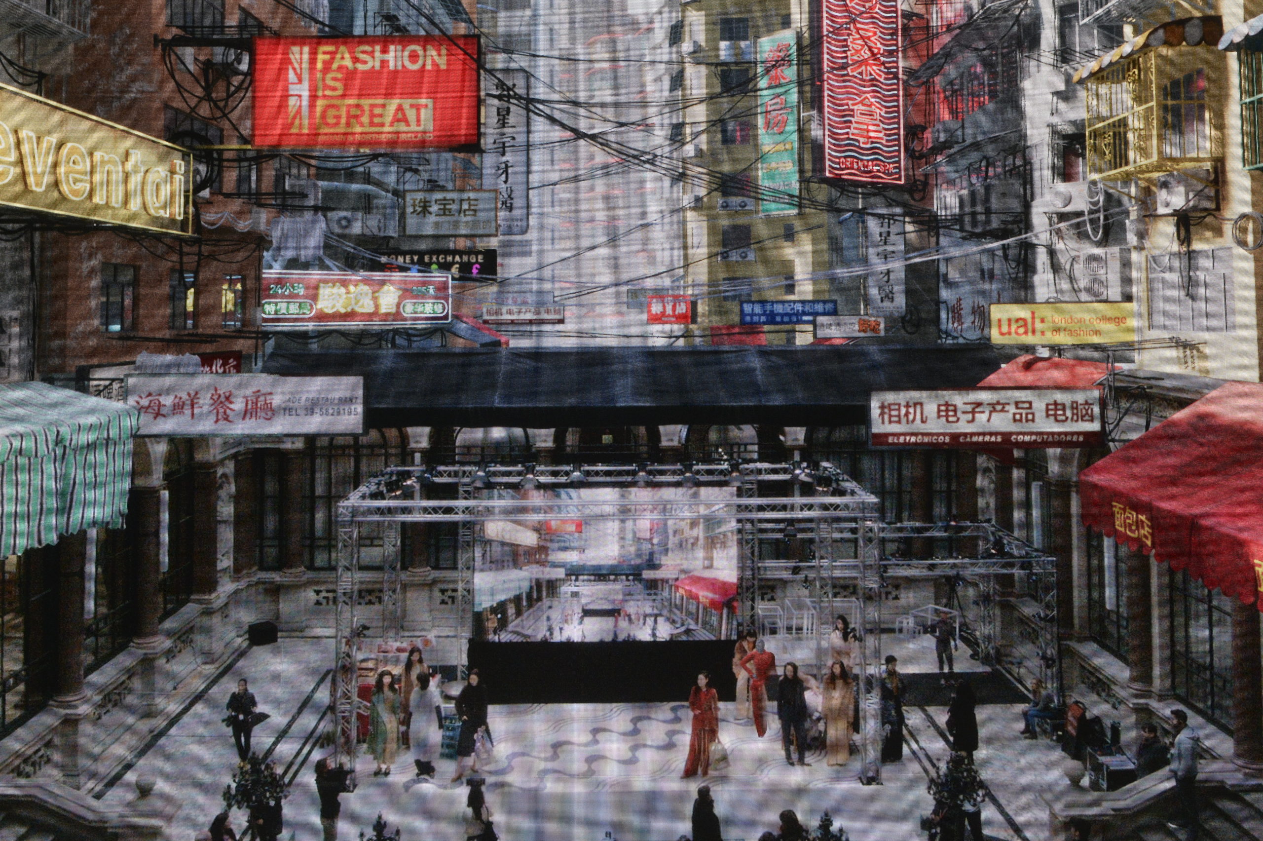 CGI real-time augmented scene of Macau on building with presentation stages with models