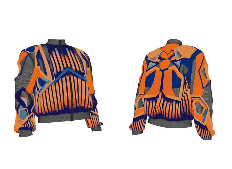 Digitally created orange and blue bomber jackets with graphic embroidery, Fashion Innovation Agency