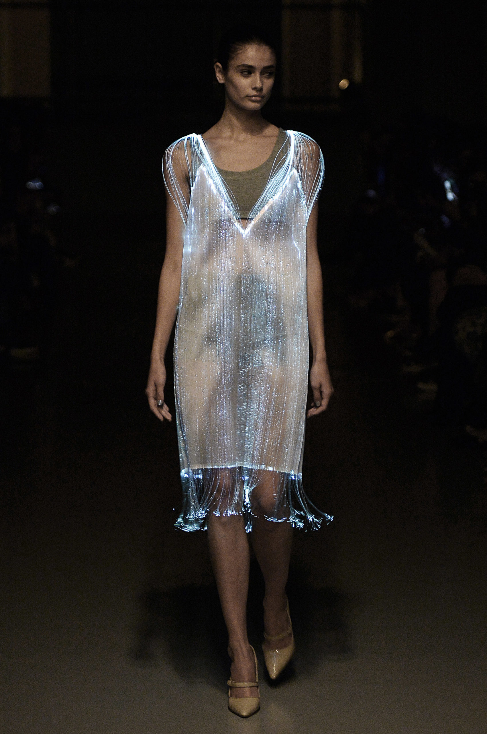 Model wearing fibre optic dress, Fashion Innovation Agency