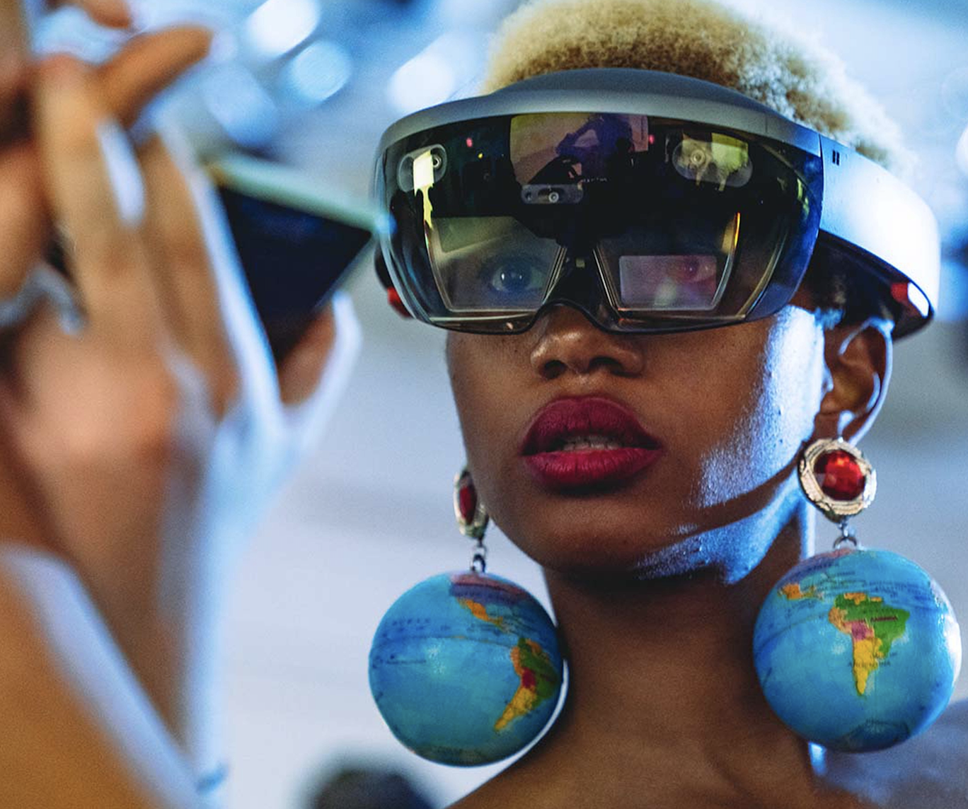 Damara Ingles in a HoloLens mixed reality headset, Microsoft Incubator, Fashion Innovation Agency