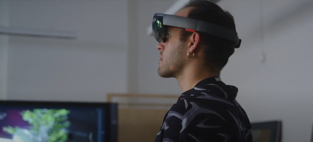 student wearing a mixed reality headset