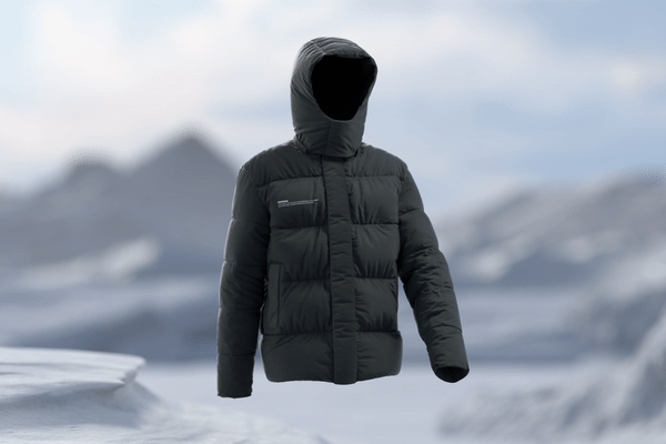 Flowerdown jacket by Pangaia walking through arctic landscape